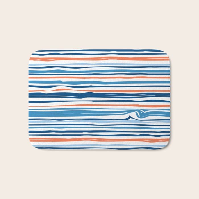 Modern Abstract Ocean Wave Stripes In Classic Blues And Orange Bath Mat