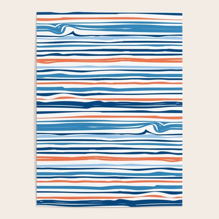 Modern Abstract Ocean Wave Stripes In Classic Blues And Orange Poster