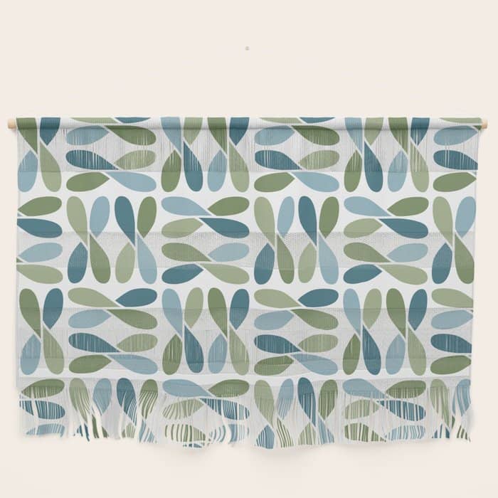 Retro Mid Century Modern Abstract Leaf Pattern Teal Blue Dill Green Wall Hanging