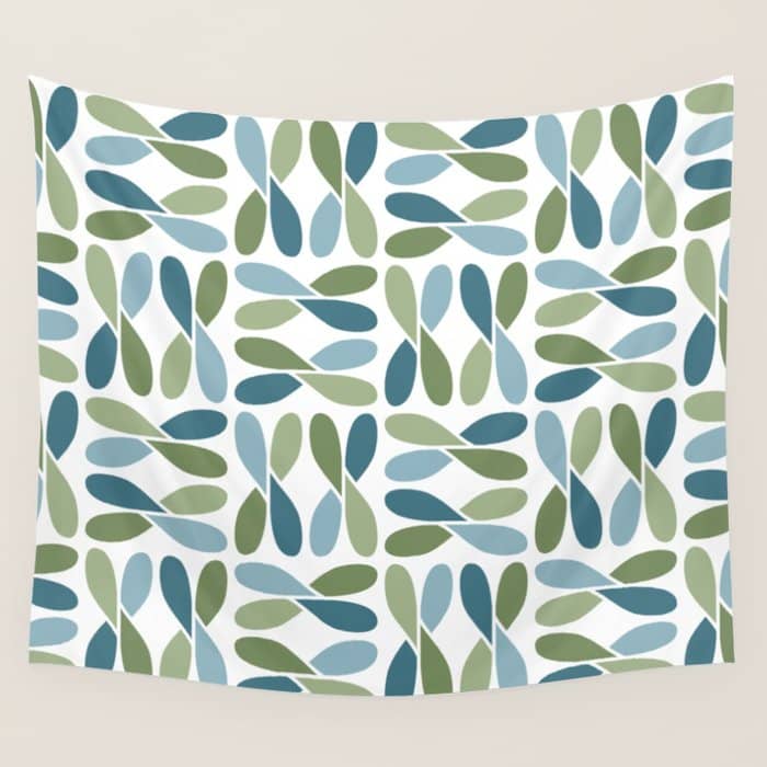 Retro Mid Century Modern Abstract Leaf Pattern Teal Blue Dill Green Wall Tapestry
