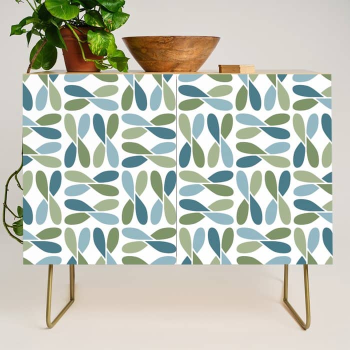 Retro Mid Century Modern Abstract Leaf Pattern Teal Blue Dill Green Credenza