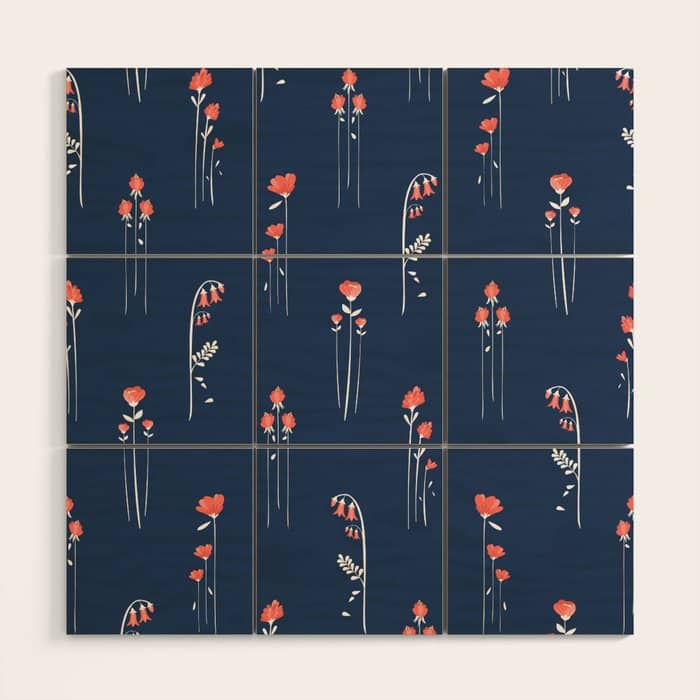 Retro Dark Flower Pattern In Modern Navy And Coral Wood Wall Art