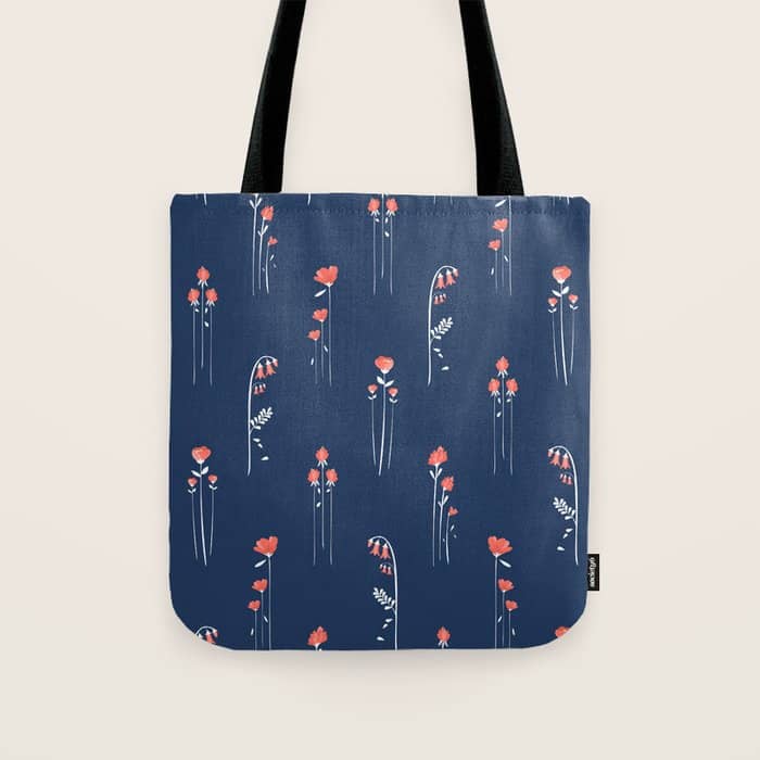 Retro Dark Flower Pattern In Modern Navy And Coral Tote Bag