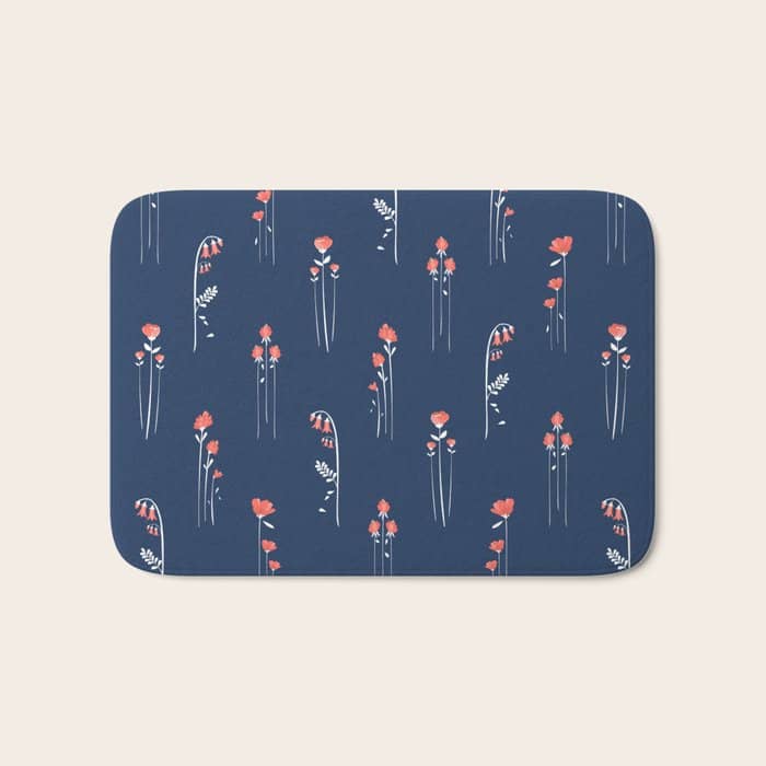 Retro Dark Flower Pattern In Modern Navy And Coral Bath Mat