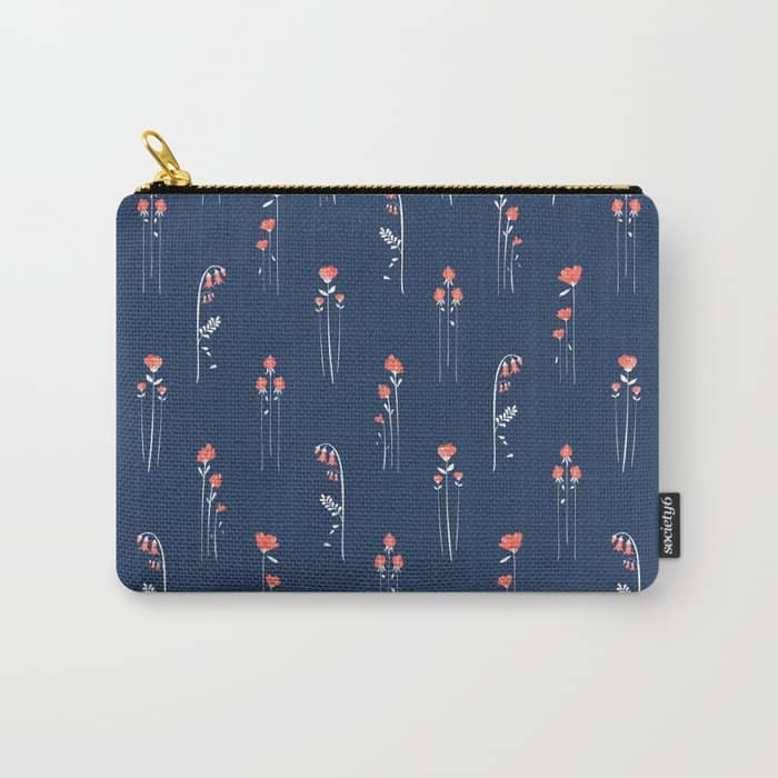 Retro Dark Flower Pattern In Modern Navy And Coral Carry All Pouch