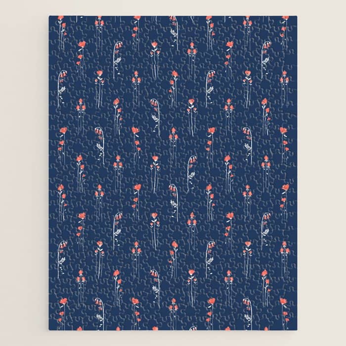 Retro Dark Flower Pattern In Modern Navy And Coral Jigsaw Puzzle