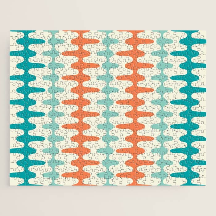 Retro Mid Century Modern Trellis Print Orange And Teal Jigsaw Puzzle