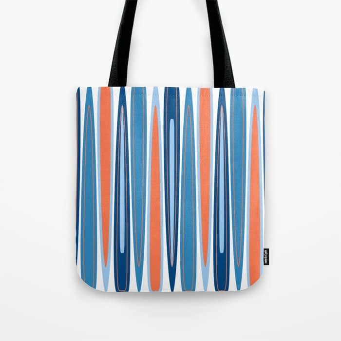Mid Century Modern Vintage Inspired Stripes In Classic Blues And Muted Orange Tote Bag