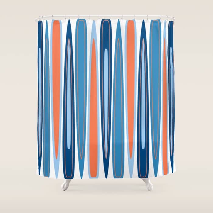 Mid Century Modern Vintage Inspired Stripes In Classic Blues And Muted Orange Shower Curtain