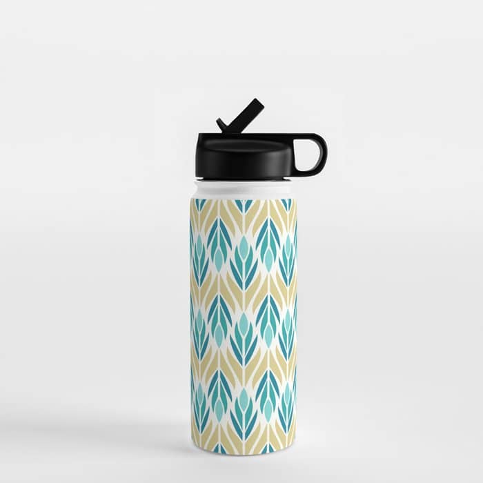 Mid Century Modern Abstract Floral Pattern In Turquoise Teal Aqua And Marigold Water Bottle
