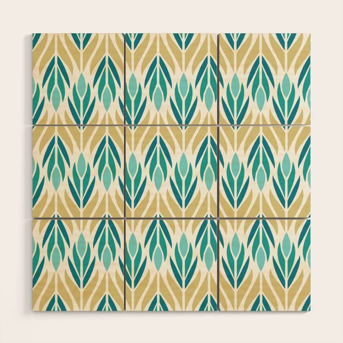 Mid Century Modern Abstract Floral Pattern In Turquoise Teal Aqua And Marigold Wood Wall Art