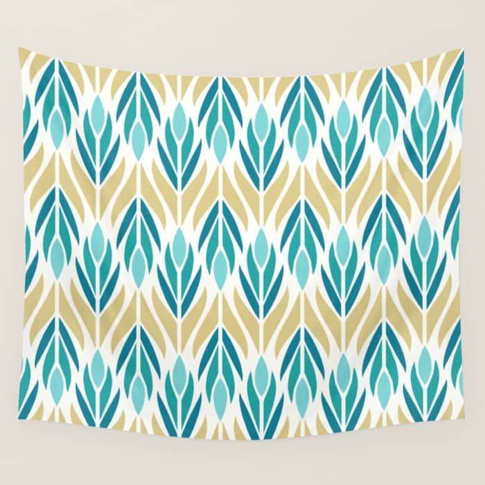 Mid Century Modern Abstract Floral Pattern In Turquoise Teal Aqua And Marigold Wall Tapestry