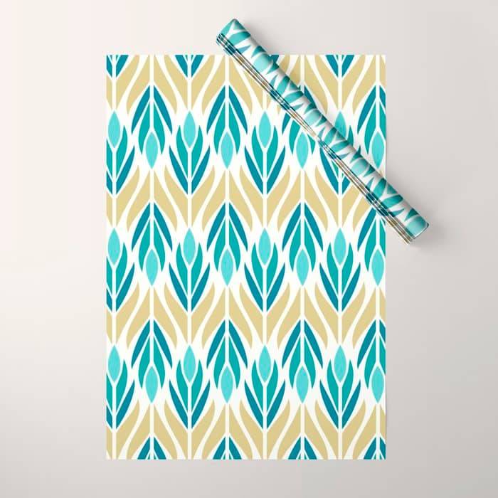 Mid Century Modern Abstract Floral Pattern In Turquoise Teal Aqua And Marigold Wrapping Paper