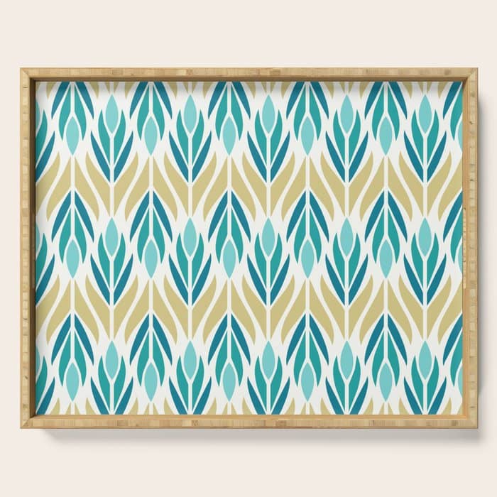 Mid Century Modern Abstract Floral Pattern In Turquoise Teal Aqua And Marigold Serving Tray