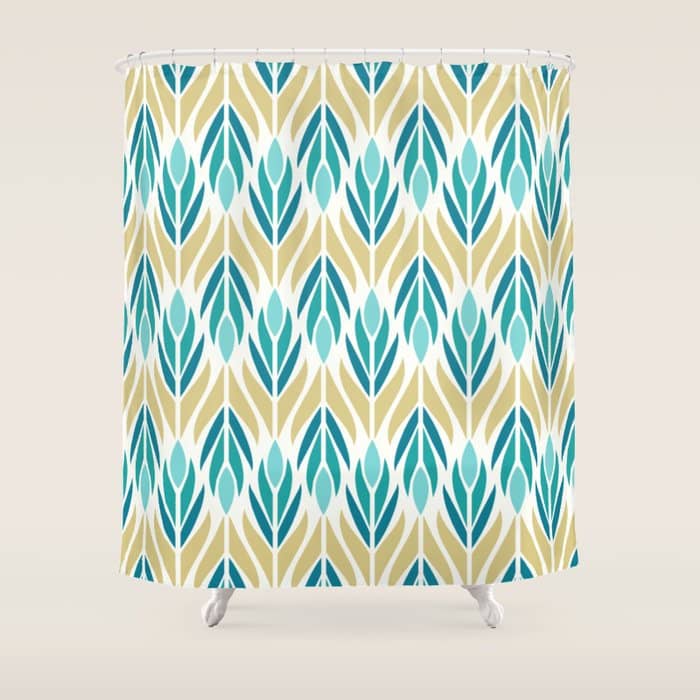 Mid Century Modern Abstract Floral Pattern In Turquoise Teal Aqua And Marigold Shower Curtain