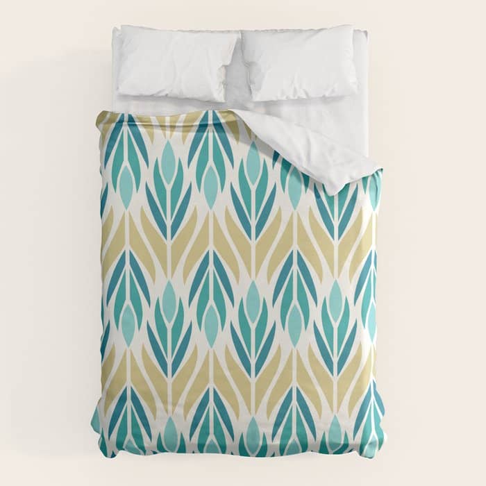 Mid Century Modern Abstract Floral Pattern In Turquoise Teal Aqua And Marigold Duvet Cover