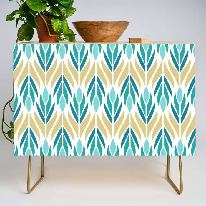 Mid Century Modern Abstract Floral Pattern In Turquoise Teal Aqua And Marigold Credenza