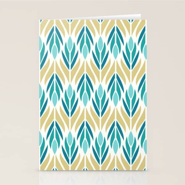 Mid Century Modern Abstract Floral Pattern In Turquoise Teal Aqua And Marigold Stationery Card