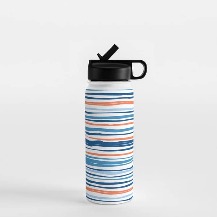 Modern Abstract Ocean Wave Stripes In Classic Blues And Orange Water Bottle