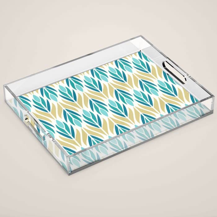 Mid Century Modern Abstract Floral Pattern In Turquoise Teal Aqua And Marigold Acrylic Tray