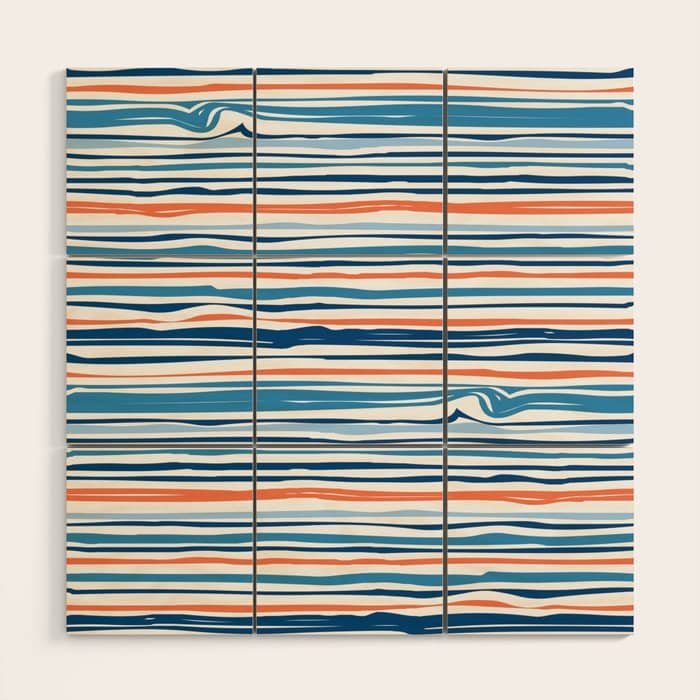 Modern Abstract Ocean Wave Stripes In Classic Blues And Orange Wood Wall Art