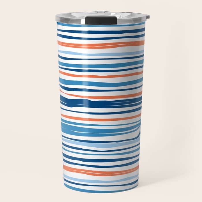 Modern Abstract Ocean Wave Stripes In Classic Blues And Orange Travel Mug