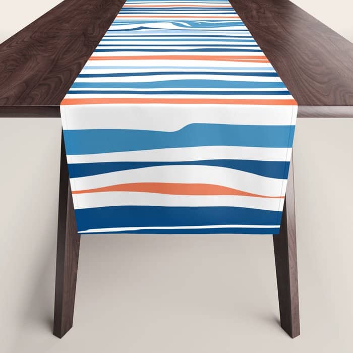 Modern Abstract Ocean Wave Stripes In Classic Blues And Orange Table Runner