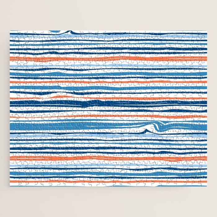 Modern Abstract Ocean Wave Stripes In Classic Blues And Orange Jigsaw Puzzle