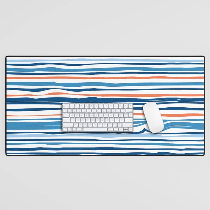 Modern Abstract Ocean Wave Stripes In Classic Blues And Orange Desk Mat