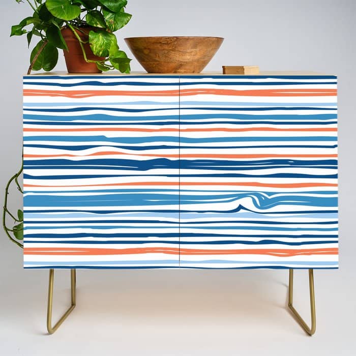 Modern Abstract Ocean Wave Stripes In Classic Blues And Orange Credenza