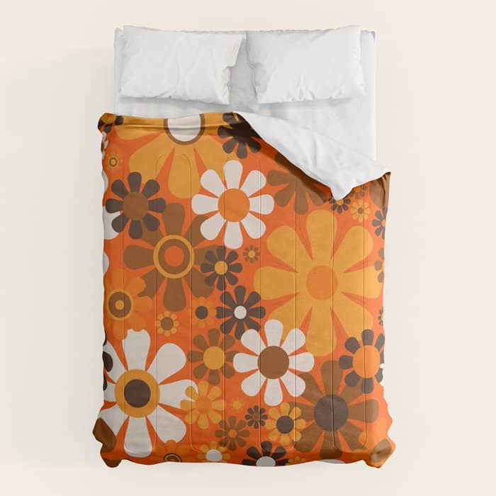 Retro Garden Flowers Groovy 1970s Floral Pattern In 70s Orange And Brown Comforter
