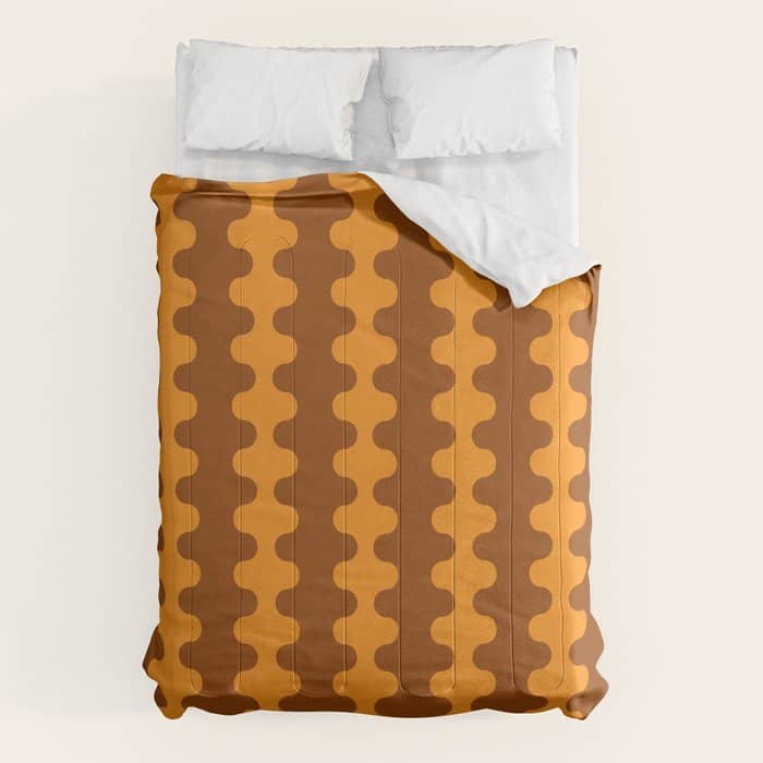 Retro 70s Mid Century Ogee A-Go-Go Wobbly Vertical Stripes Brown And Orange Comforter