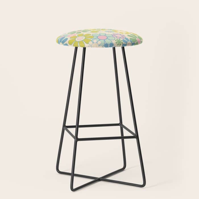 Retro Garden 60s 70s Pastel Floral Pattern On Cream Stool