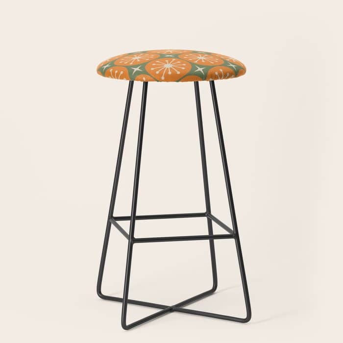 Mid Century Modern Atomic Dots And Stars Retro Pattern In Mossy Sage Olive Green Orange Beige Stool