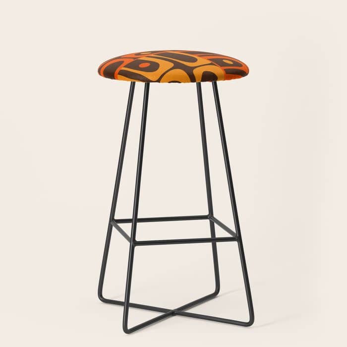 Mid Century Modern Abstract Retro 70s Brown And Orange Piquet Multi Pattern Stool