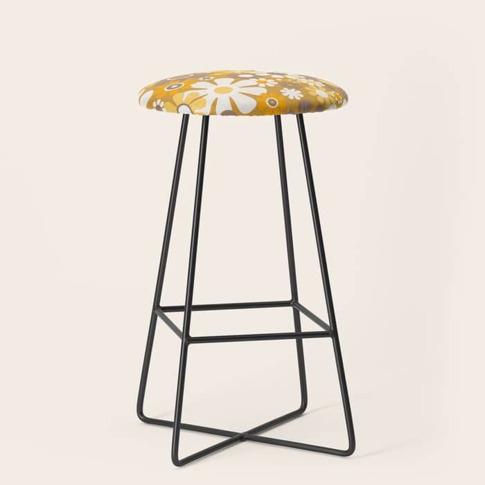 Retro Garden Flowers Groovy 60s 70s Floral Pattern In Ochre Yellow Orange Stool