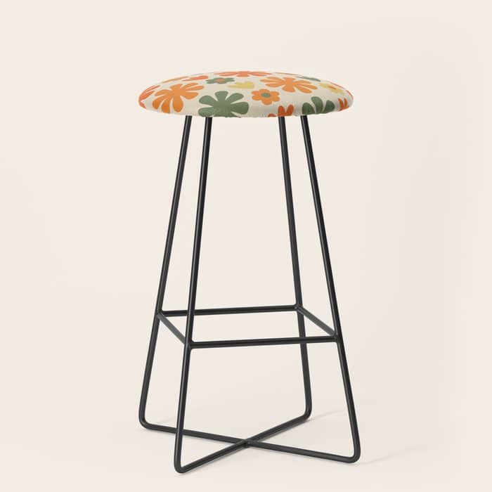 Retro Flowers Scandi Floral Grid Pattern In Mossy Olive Green Orange Mustard Stool