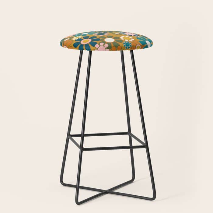 Pretty Groovy Retro Garden 60s 70s Aesthetic Floral Pattern Ochre Teal Olive Pink Stool