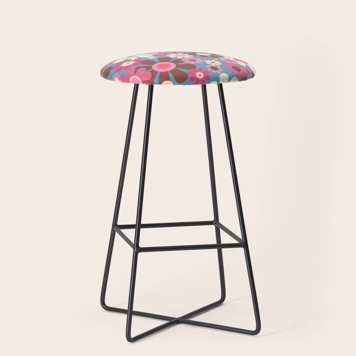 Groovy Retro Floral Garden 60s 70s Pattern In Cheerful Pink Brown And Blue Stool