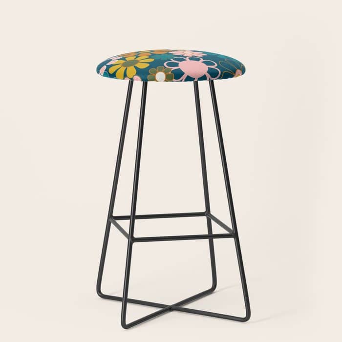 Pretty Groovy Retro Garden Floral Pattern Blue Pink Orange Olive 2 Stool