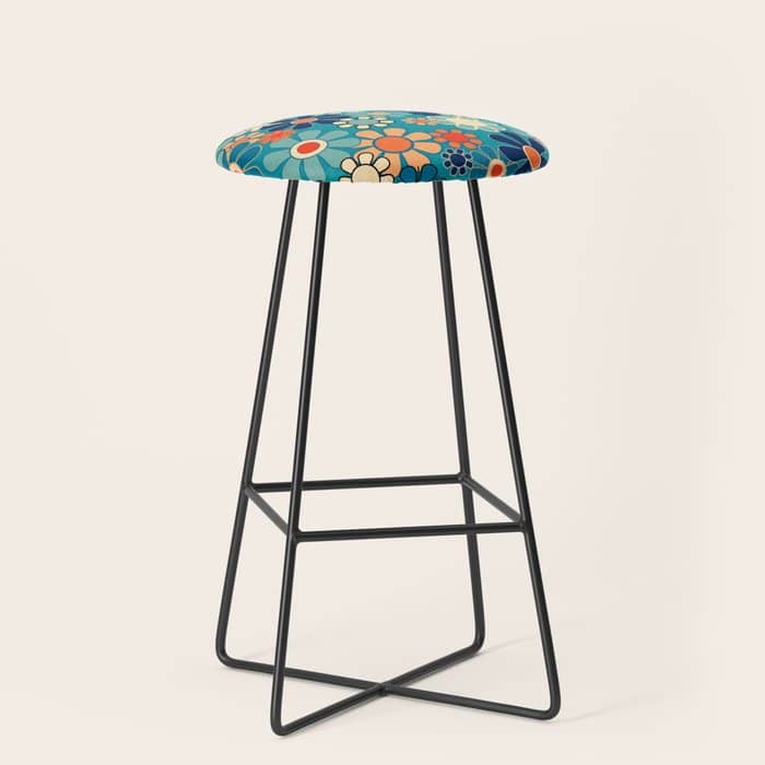 Groovy Retro Garden Flowers 60s 70s Floral Pattern In Blue And Orange Stool