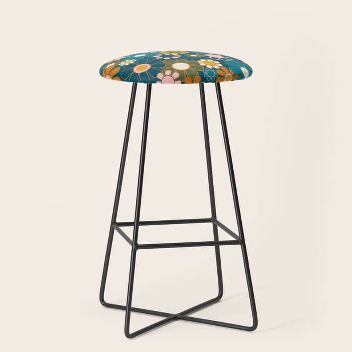 Pretty Groovy Retro Garden Floral Pattern Blue Pink Orange Olive Stool