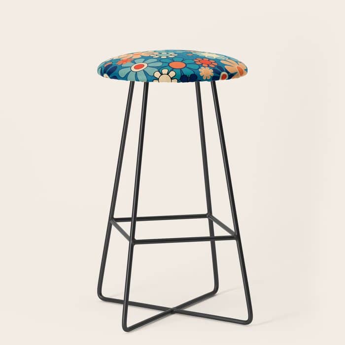 Groovy Blue Retro Garden 60s 70s Aesthetic Floral Pattern With Orange Stool