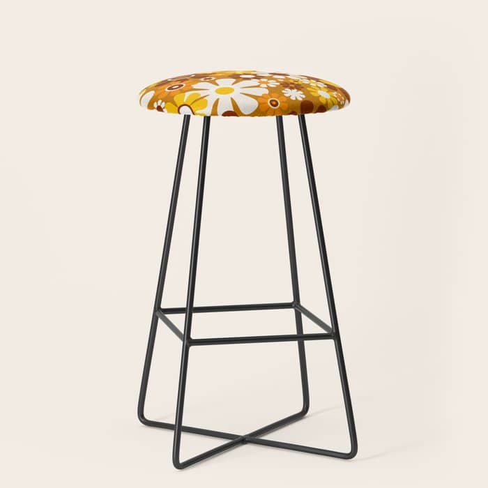 Retro Garden Flowers Groovy 60s 70s Floral Pattern Ochre Yellow Orange Brown Stool