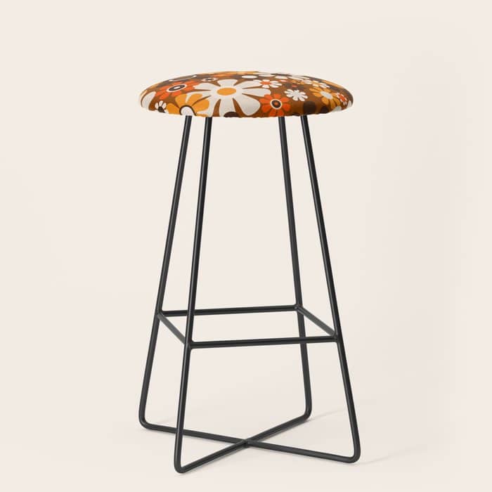 Retro Garden Flowers Groovy 1970s Floral Pattern In 70s Brown And Orange Stool