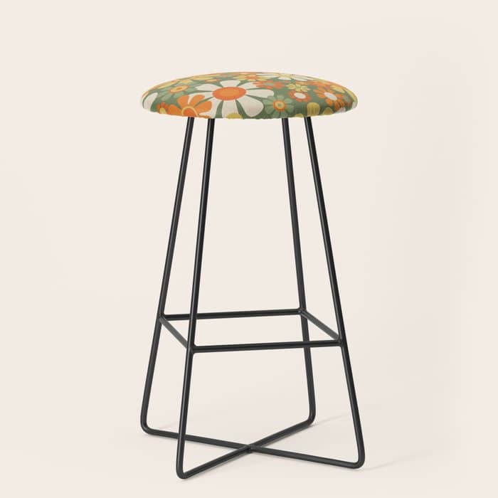 Retro Garden Flowers Groovy 60s 70s Floral Pattern In Mossy Sage Green Orange Yellow Stool