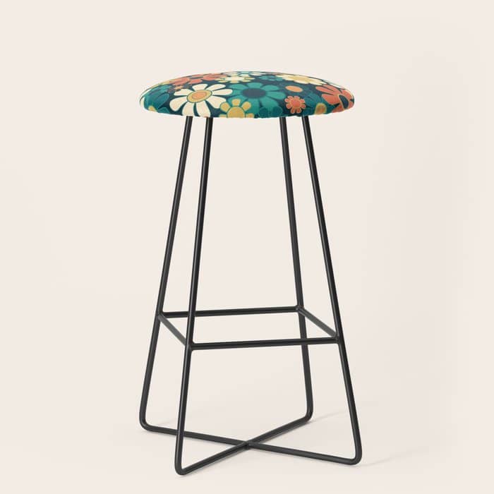 Pretty Groovy Retro Garden 60s 70s Aesthetic Floral Pattern Blue Orange Mustard Teal Stool