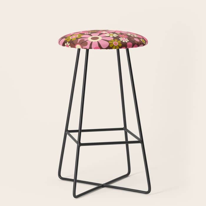 60s 70s Retro Floral Garden Cheerful Flower Pattern In Brown Pink Avocado Stool