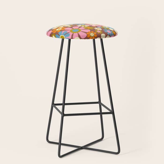 Cheerful Groovy Retro Garden Flowers 60s 70s Floral Pattern Stool