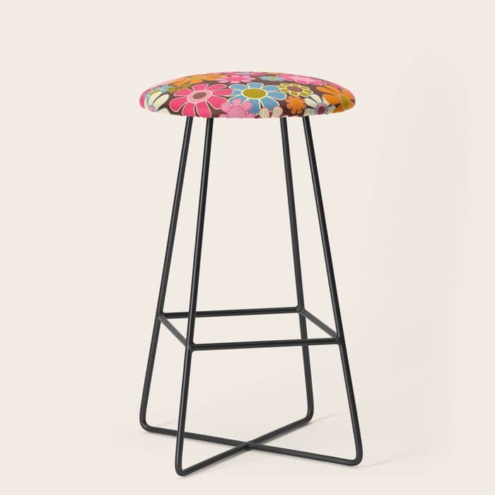 Groovy Retro Garden 60s 70s Multicolored Pink Floral Pattern On Brown Stool